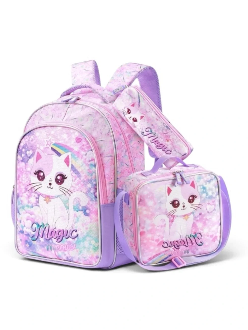 Pink and Purple 3-in-1 Cat School Backpack Set for Girls WE5